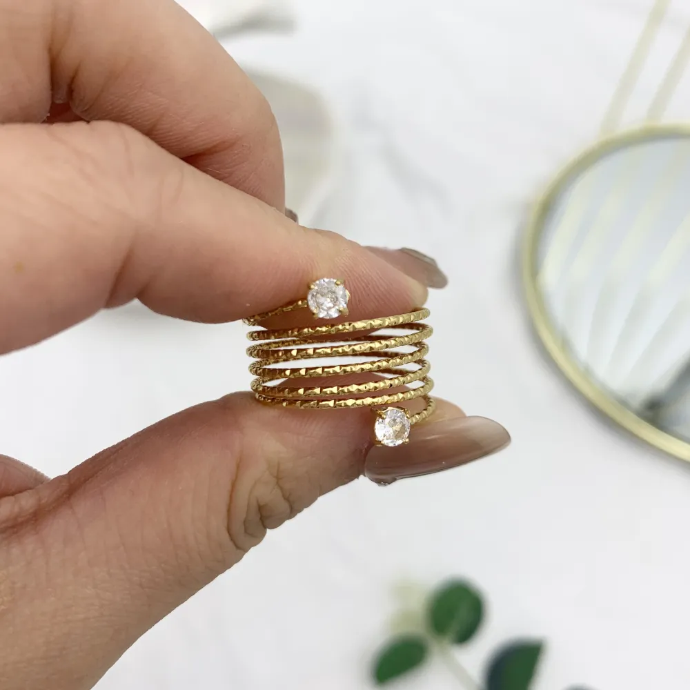 6 Fili a Molla con Punto Luce -Anello in Acciaio - AAR-103-AA4013R