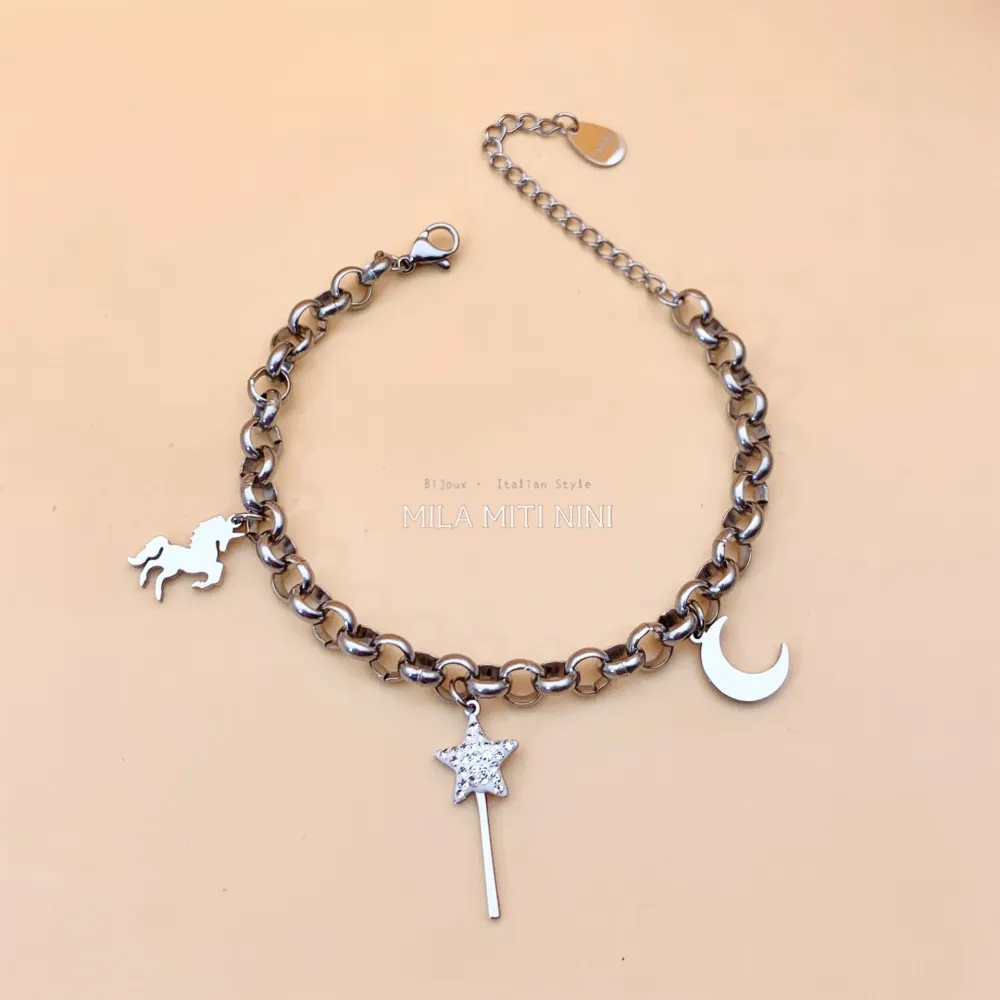 Unicorno Bacchetta Magica Luna -Bracciale in Acciaio con Chiusu - BAC413-1253