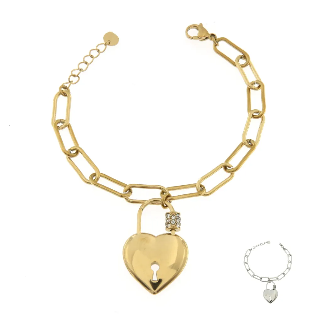 BAC6794-Catena Cuore Lucchetto-Bracciale con Chiusura in Acciai - BAC6794-Catena Cuore Lucchetto-Bracciale con Chiusura in Acciai