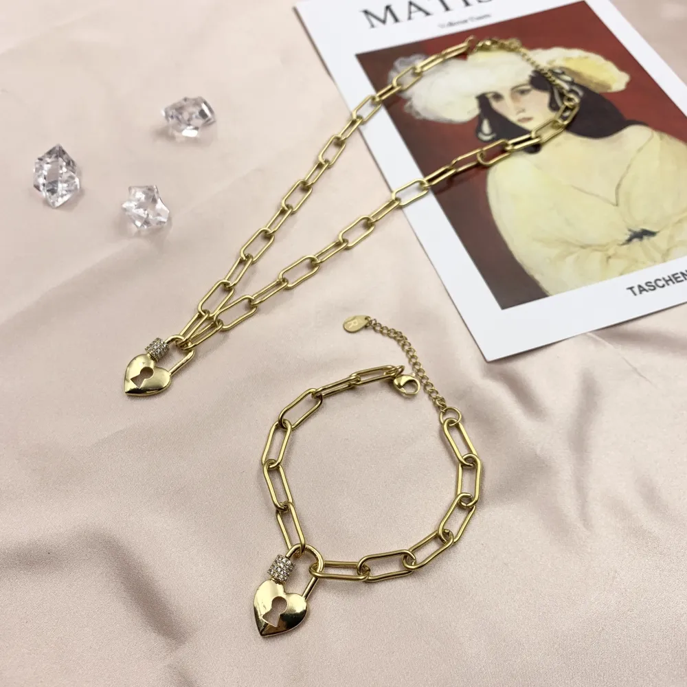 BAC7068-Cuore Lucchetto Zirconia-Bracciale in Acciaio - BAC7068-Cuore Lucchetto Zirconia-Bracciale in Acciaio