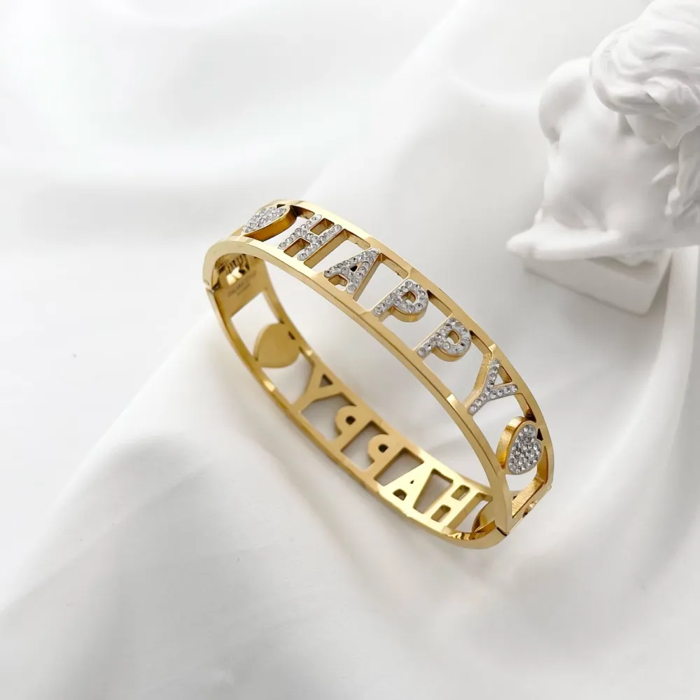 Happy-Bracciale con Scritte Rigido in Acciaio - BAR-413-1278 Happy