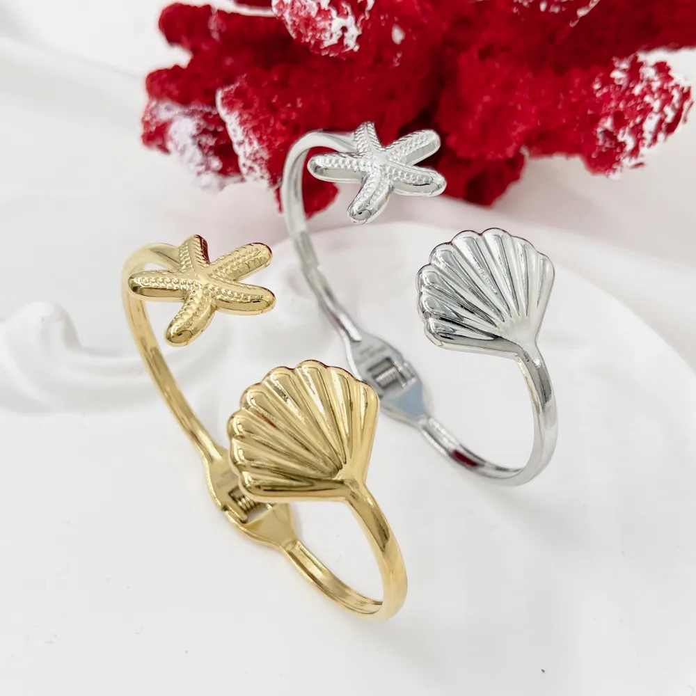 Conchiglia e Stella Marina-Bracciale Rigido in Acciaio - BAR-413-341