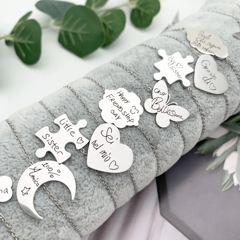 12Pz Bracciali in Acciaio con Chiusura a Moschettone + Cuscino - BPA7651-Scritte-12 Pz Bracciali in Acciaio
