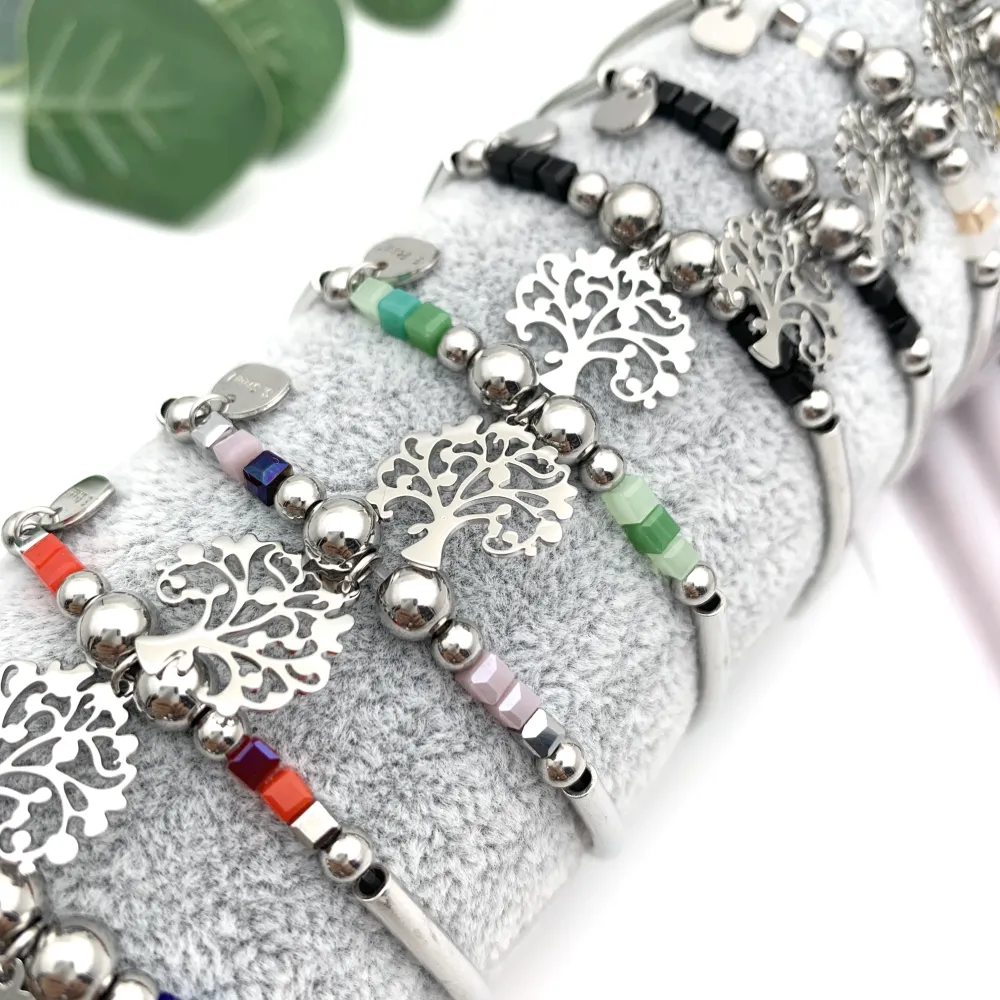 12Pz Bracciali Elastici in Acciaio+Cuscino in Omaggio - BPA7673-Albero della Vita-12 Pz Bracciali in Acciaio