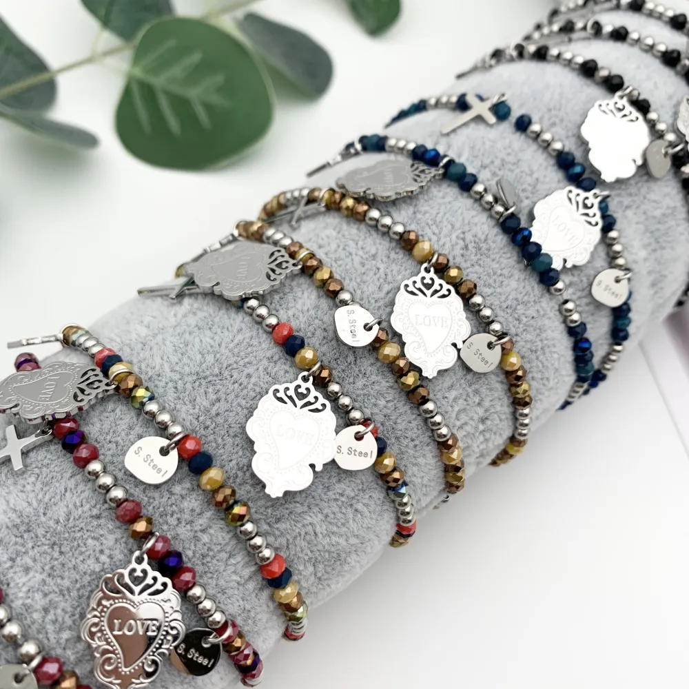 12Pz Bracciali Elastici in Acciaio+Cuscino in Omaggio - BPA7674-Croce Sacro Cuore-12 Pz Bracciali in Acciaio