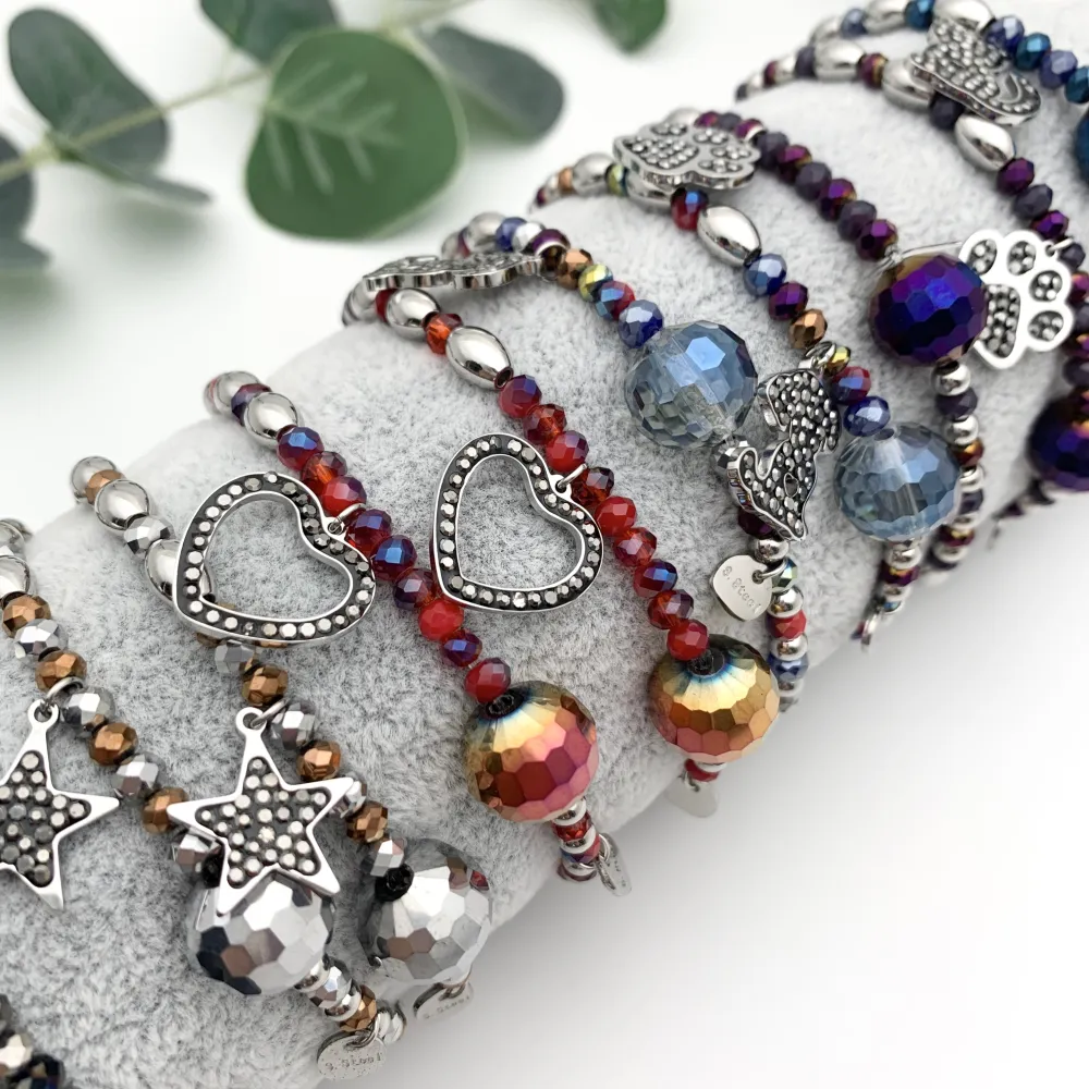 12Pz Bracciali Elastici in Acciaio+Cuscino in Omaggio - BPA7679-Mix Soggetti con Strass-12 Pz Bracciali in Acciaio