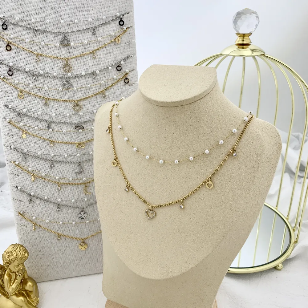 Doppio Perla e Luna-Collana Corta in Acciaio - CAC-103-AA1161N