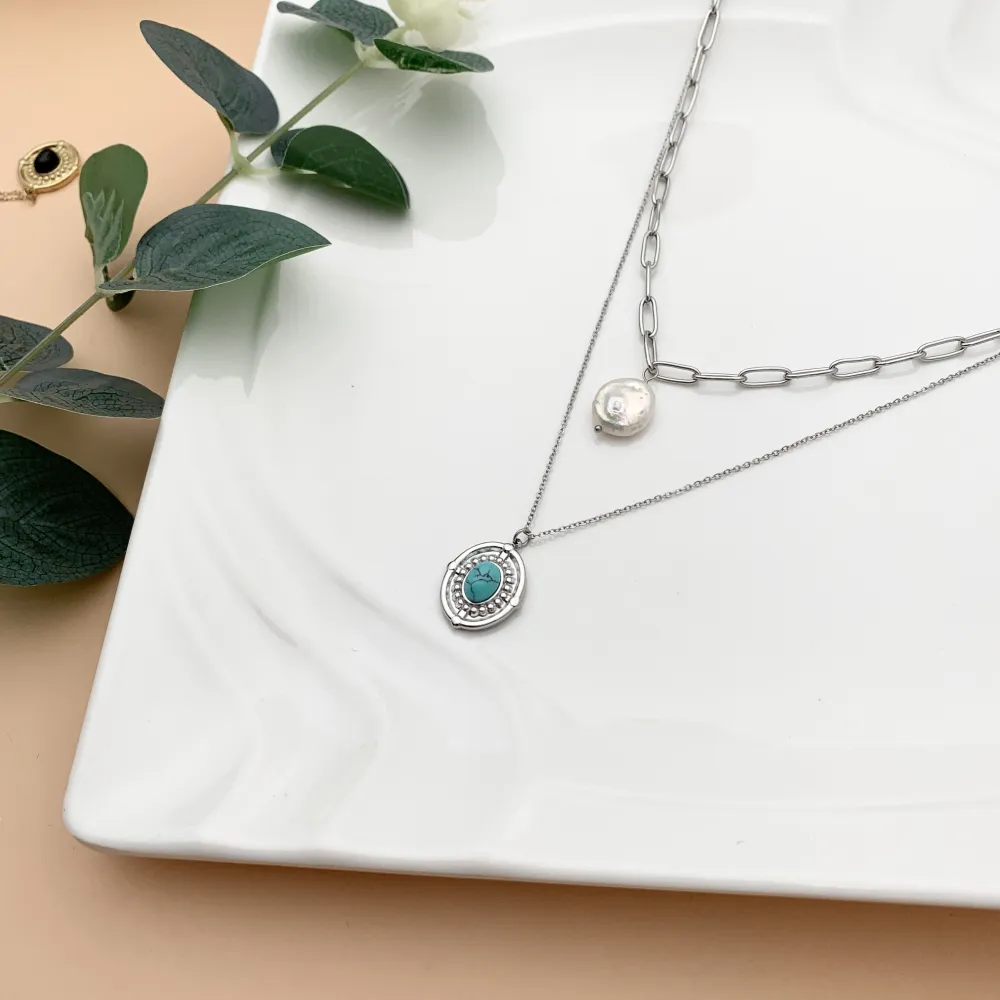 CAC-Perla e Ovale - Collana Corta doppio filo in Acciaio - CAC-104-139