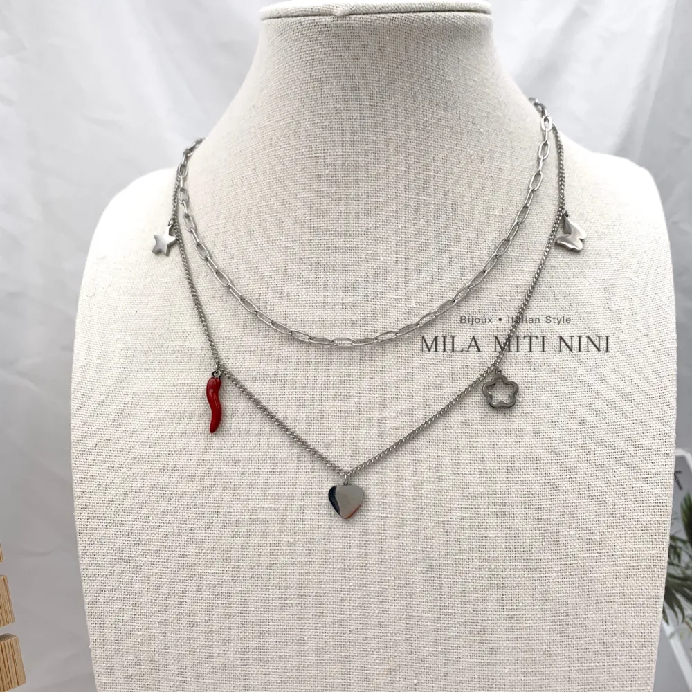 Doppio con Cornino -Collana Corta in Acciaio - CAC-413-1833