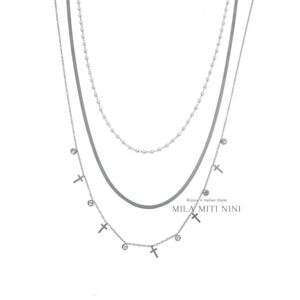 Multifilo Perla Croce-Collana Corta in Acciaio - CAC-413-2039