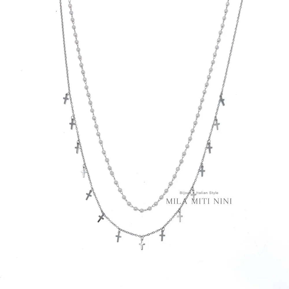 Doppio Perla con Croce-Collana Corta in Acciaio - CAC-413-2041