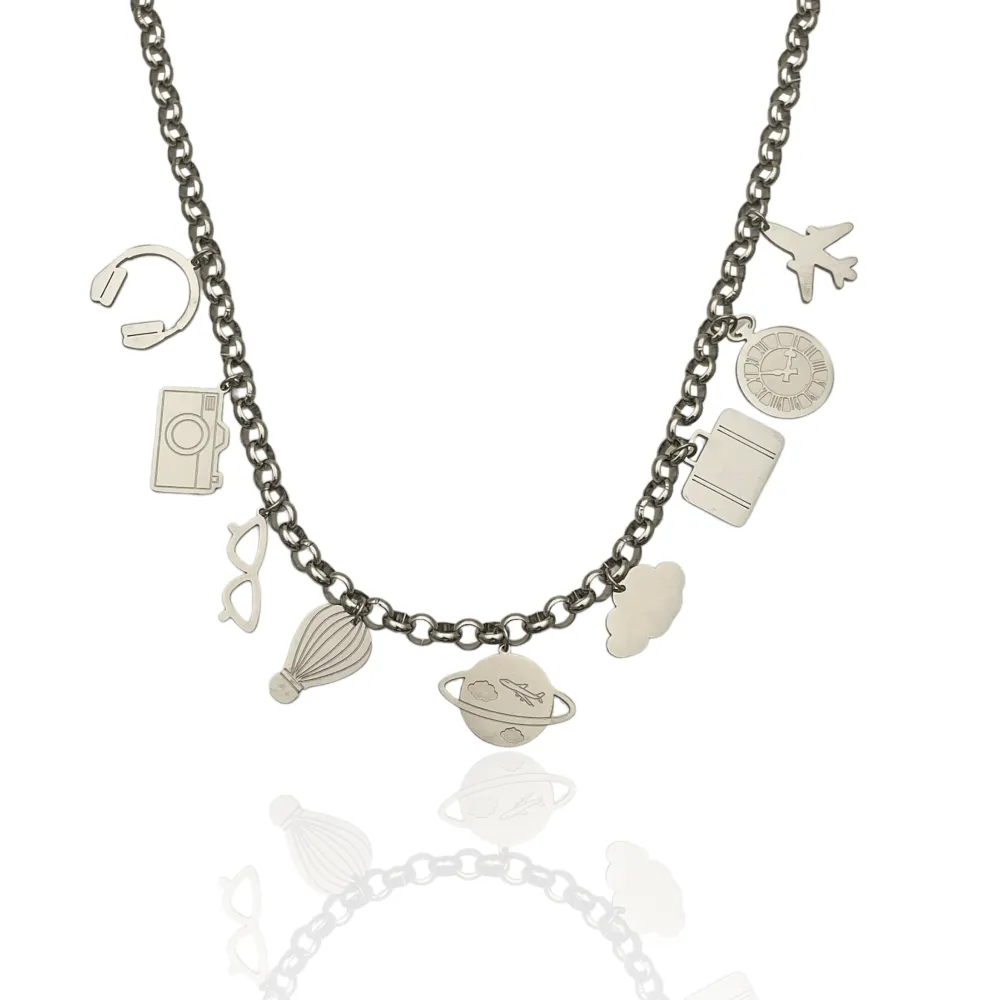 Catena con Ciondoli Viaggio -Collana Corta in Acciaio - CAC-413-2085