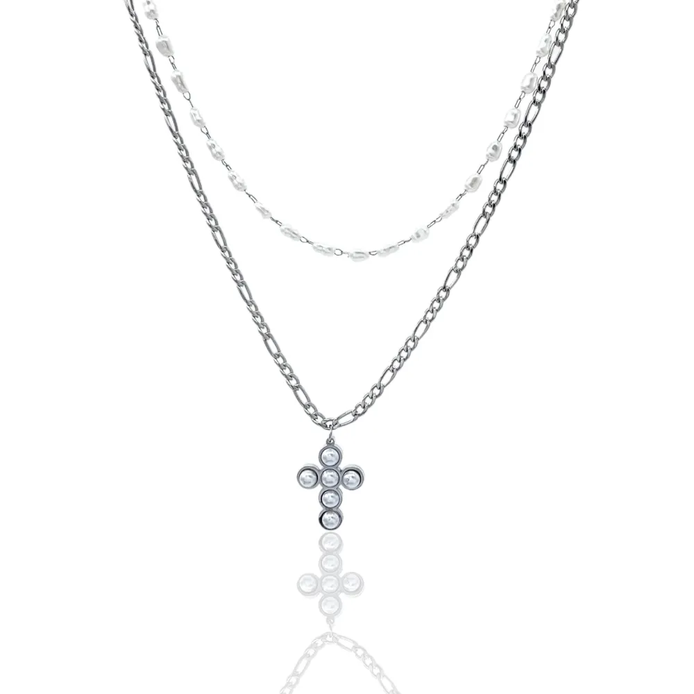 Doppio con Croce-Collana Corta in Acciaio - CAC-413-2298