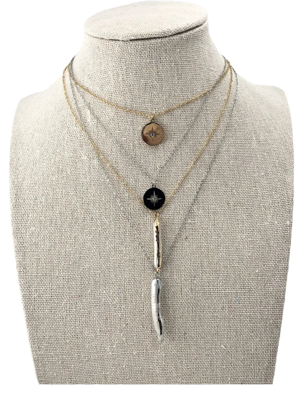 Multifilo collana acciaio - CAC4214-Perla di fiume stella  - Collana Corta in Acciaio