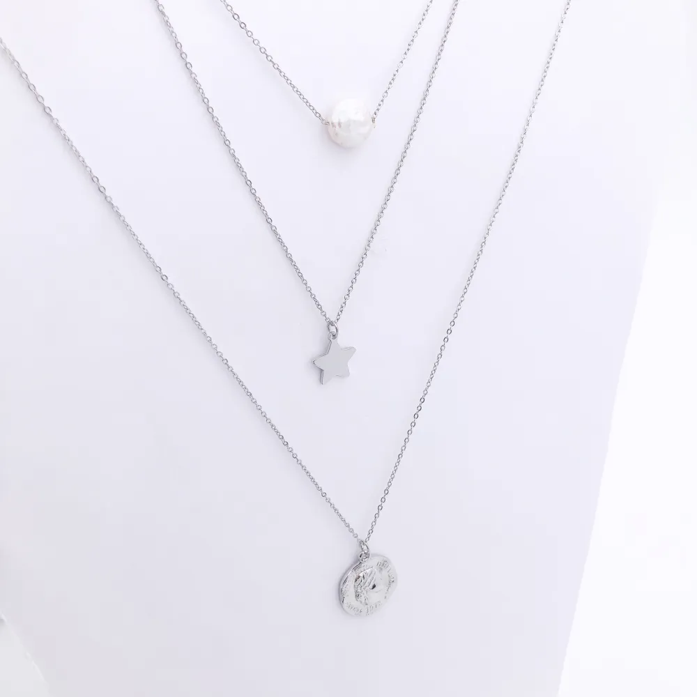 Multifilo collana acciaio - CAC4237-Perla stella medaglia- Collana multifilio in Acciaio