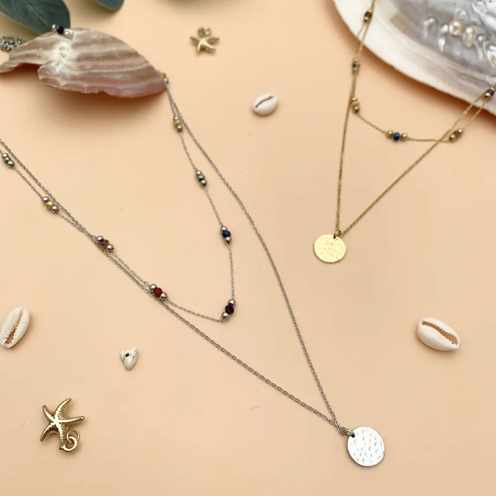 Multifilo collana acciaio - CAC4458-Catena Pietra e Medaglia-Collana Corta in Acciai