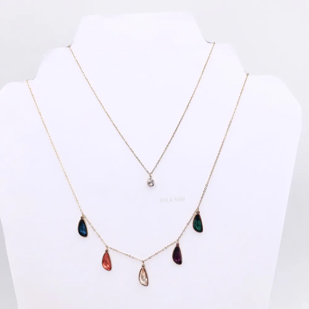 Collana moda multifilo  acciaio e cristallo - CAC5084-Goccia e punto lunce doppio filo - Collana Acciaio