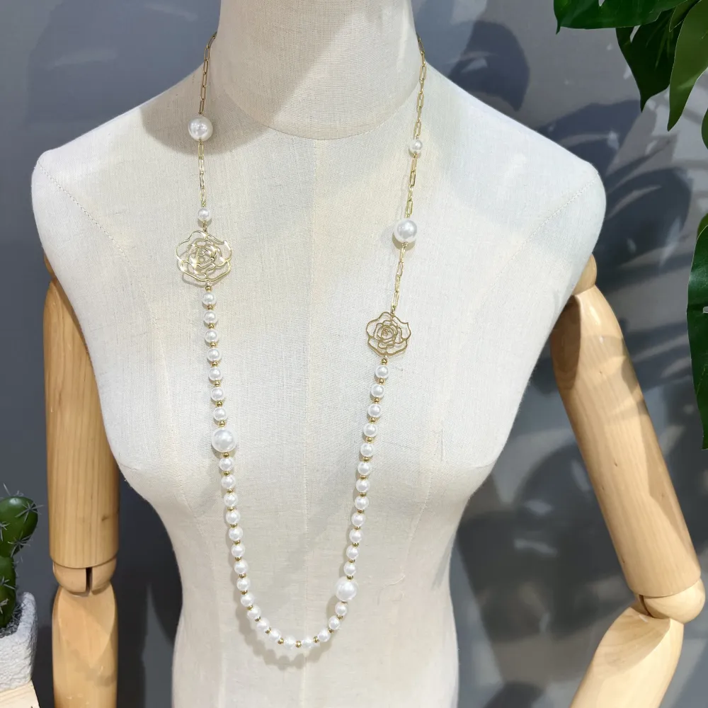 Perla con Fiore-Collana Lunga  in Acciaio - CAL-759-31