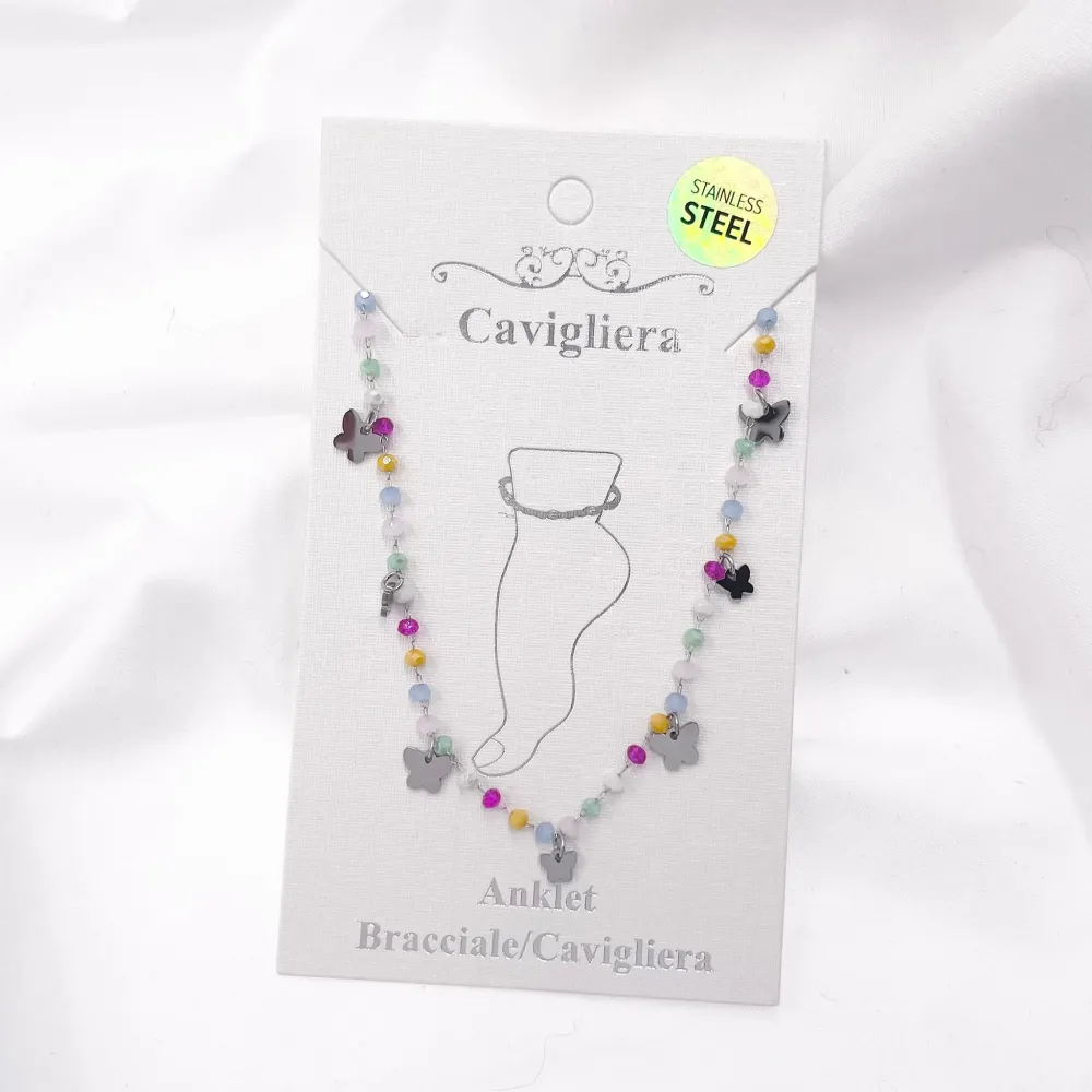 Perline Multicolore con Farfalla-Cavigliere in Acciaio - CAV-103-AA416B