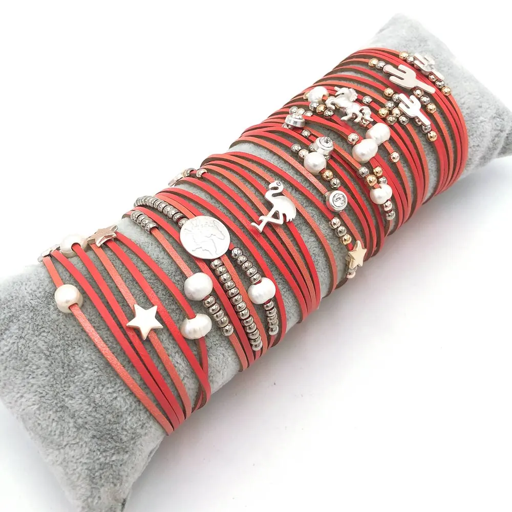 Bracciali con cuscino in omaggio - Cuoio lega fenicottero cactus - 6 pz 8795