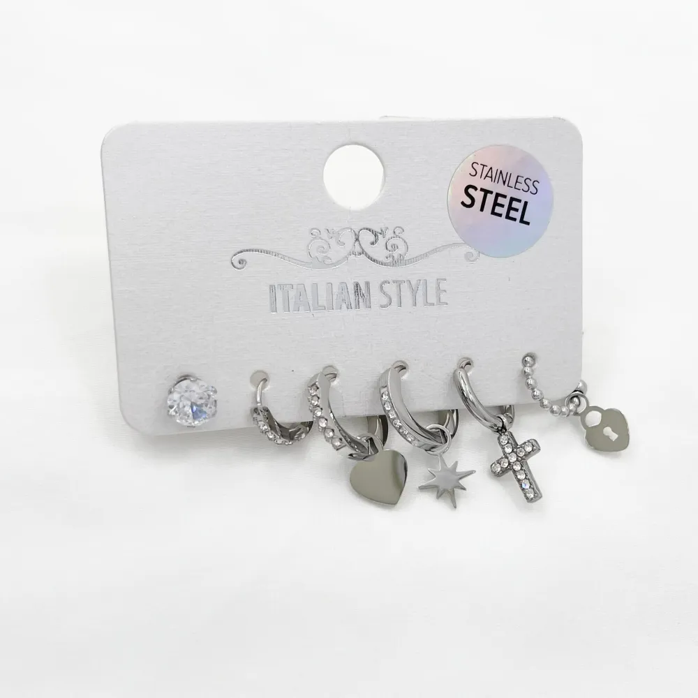 Croce Cuore-Set 6pz Orecchini in Acciaio e Zirconia - OPA-103-AA530E