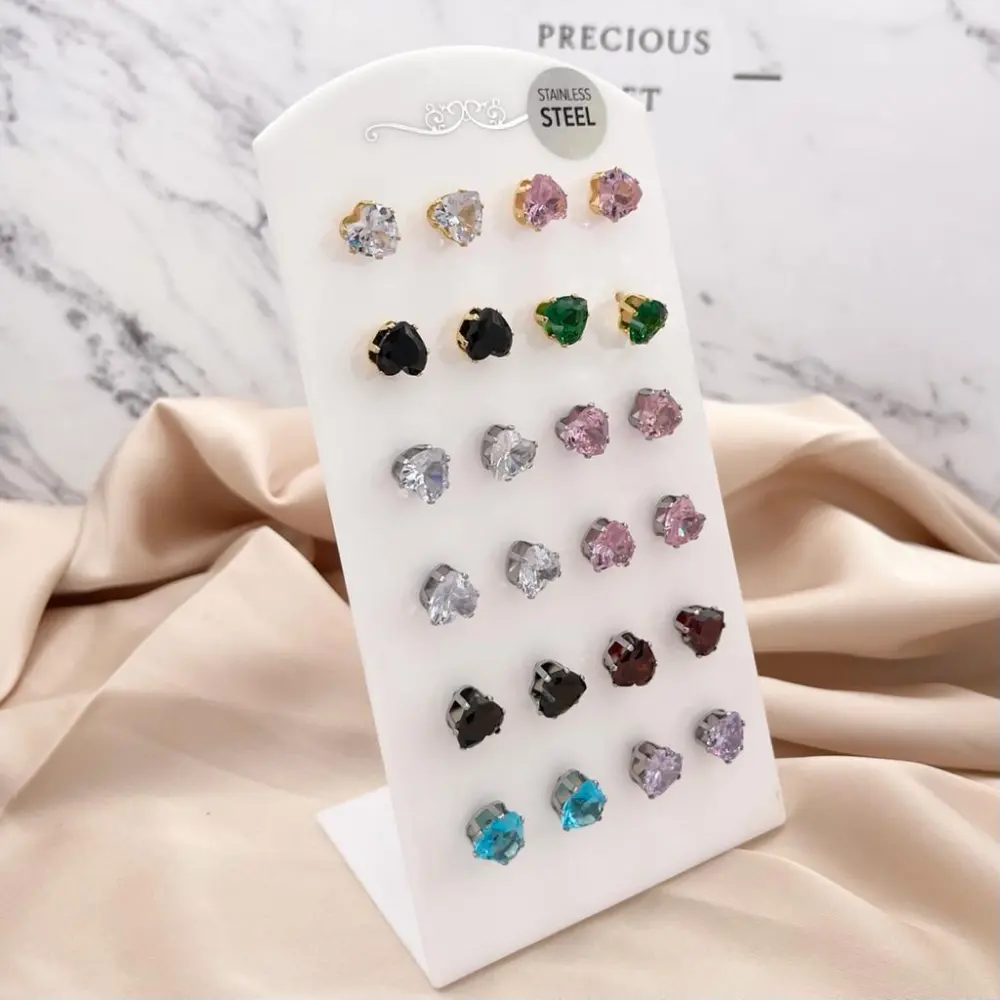 Cuore Grande con  Zirconia-12 Paia Orecchini in Acciaio - OPA-445-28