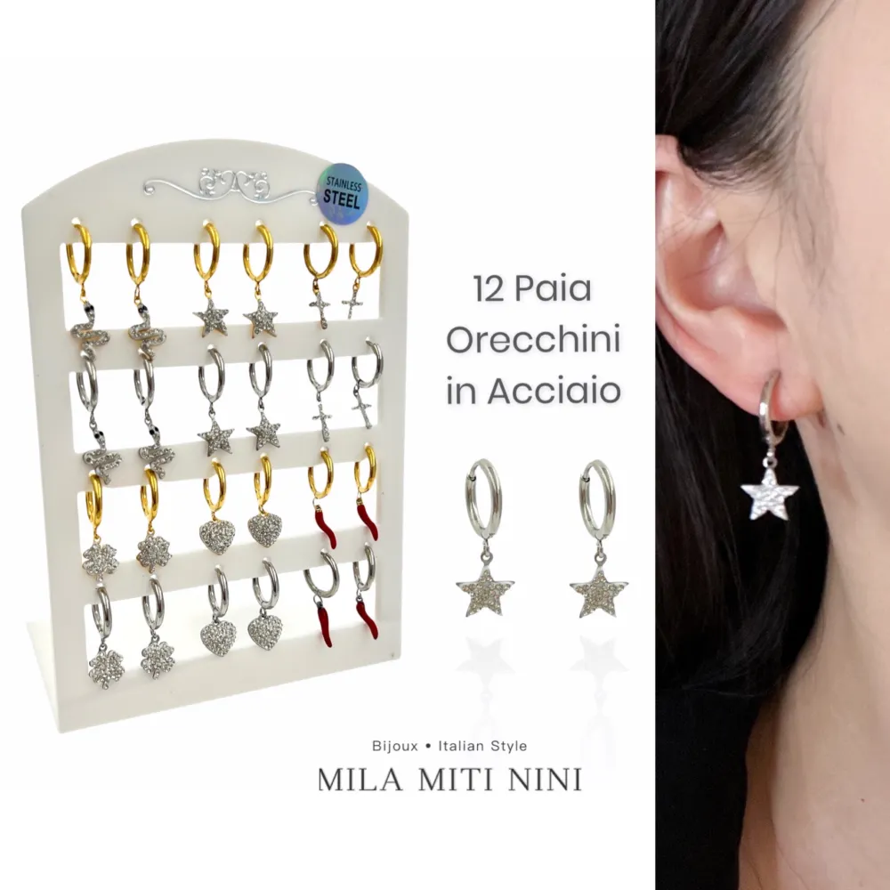 Mix Pendenti con Strass-12Paia Orecchini in Acciaio - OPA-450-356-516