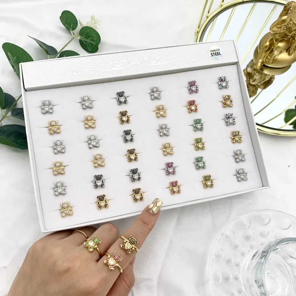 Orsetto Piccolo con Zirconia-36Pz Anelli Regolabili in Acciaio - AAR-103-AA2719R 12mm