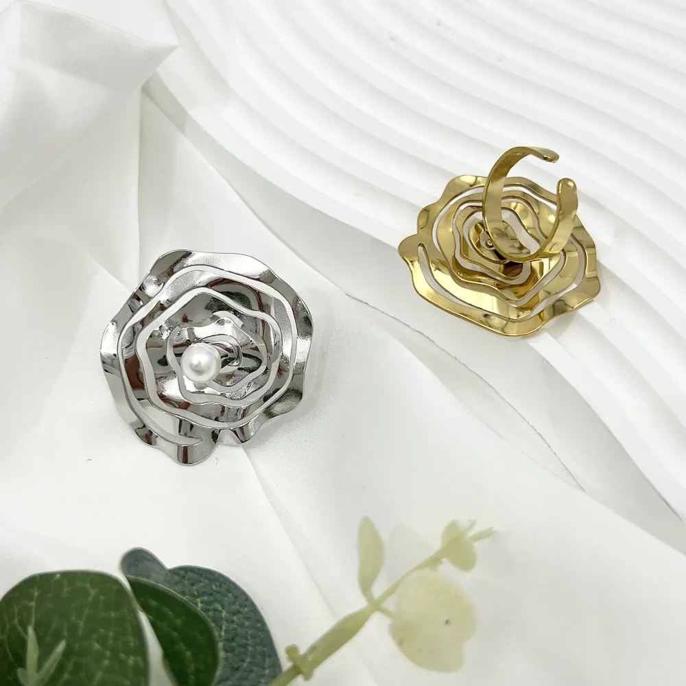Fiore Grande con Perla-Anello Regolabile in Acciaio - AAR-759-06
