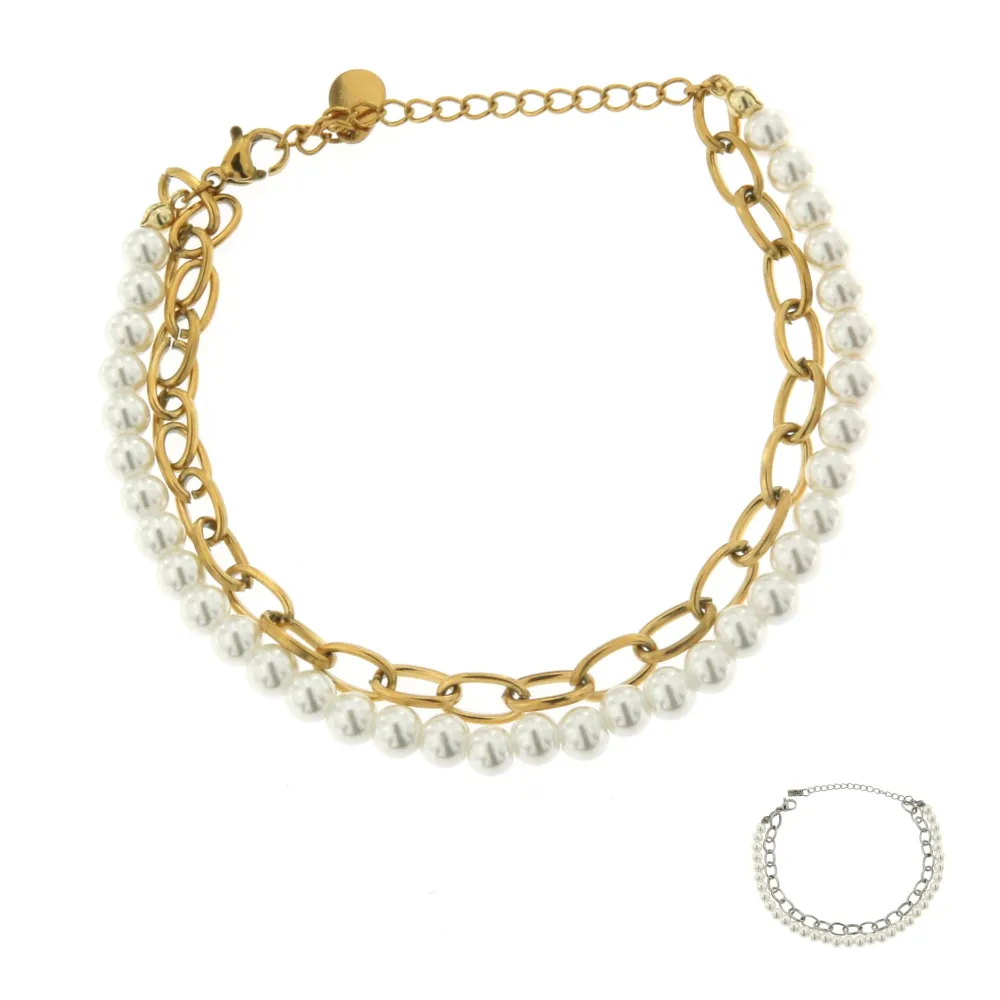 Perla e Catena-Bracciale in Acciaio con Chiusura - BAC-413-2058