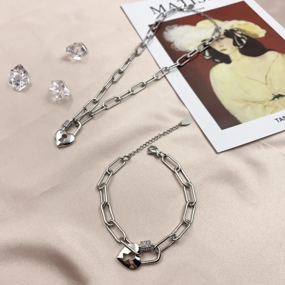 BAC7068-Cuore Lucchetto Zirconia-Bracciale in Acciaio - BAC7068-Cuore Lucchetto Zirconia-Bracciale in Acciaio