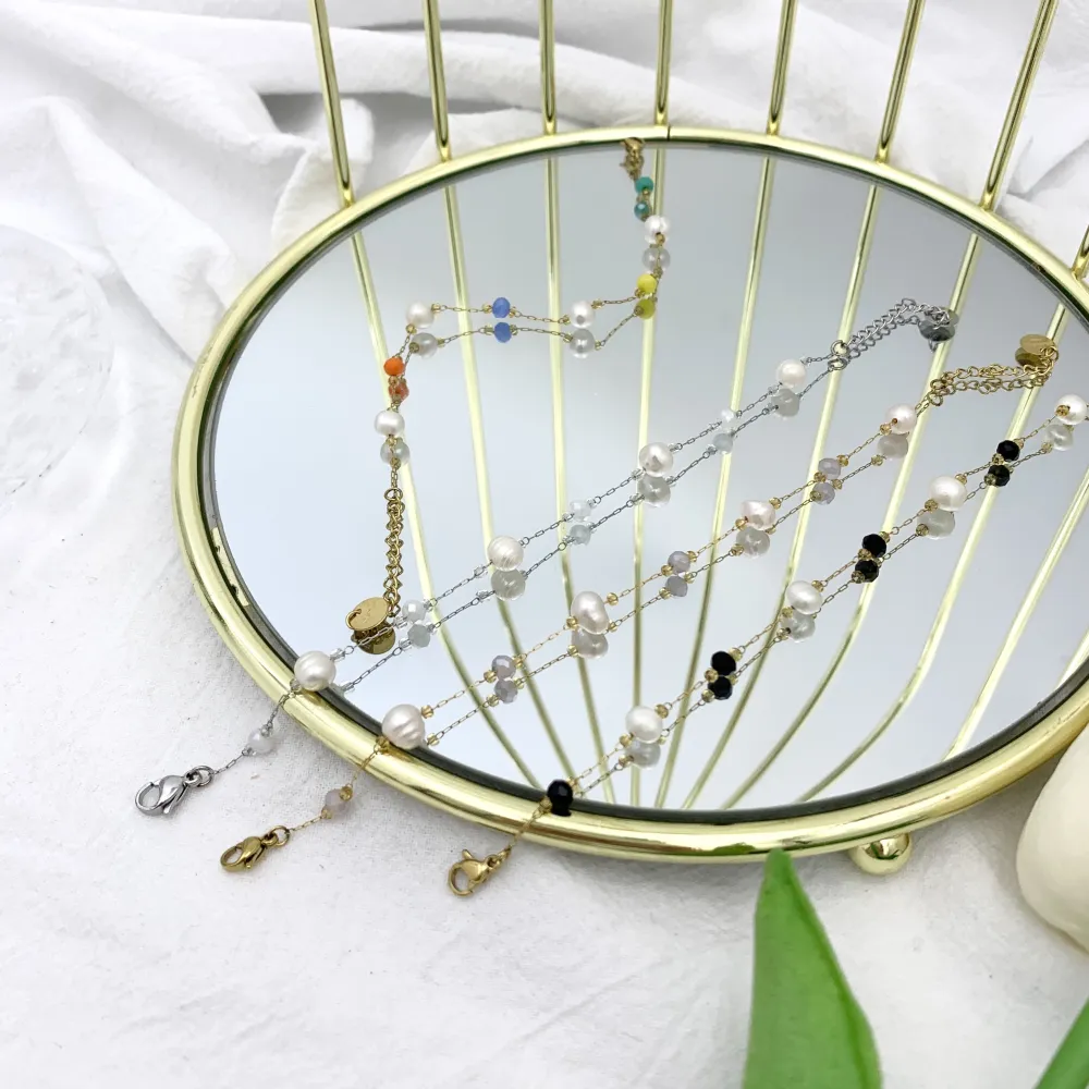 Semplice Perla di Fiume e Cristalli-Bracciale in Acciaio - BAC-732-37