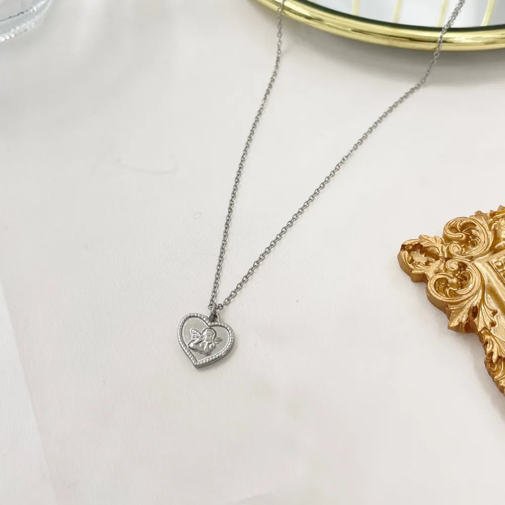 Cuore con Angelo -Collana Corta in Acciaio - CAC-103-AA4427N