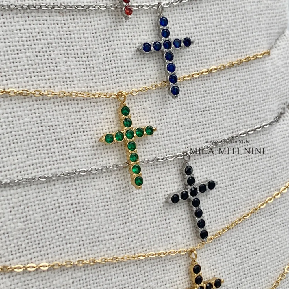 Croce con Zirconia -Collana Corta in Acciaio - CAC-103-AA495N