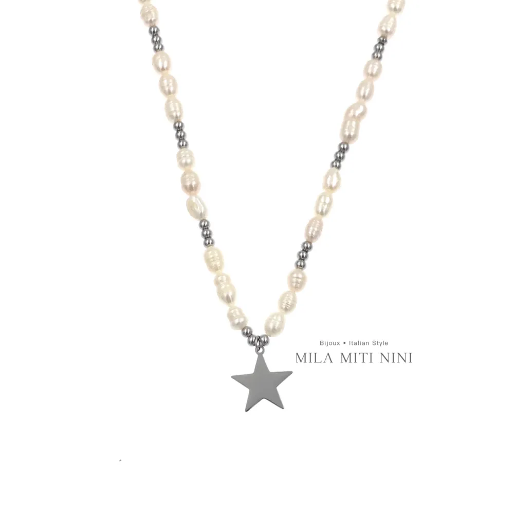 Perla con Stella -Collana Corta in Acciaio - CAC-176-454C