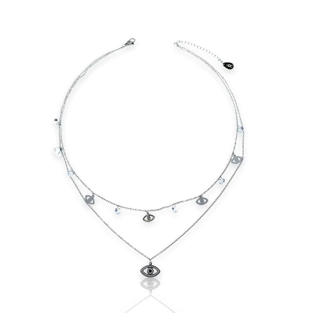 Doppio Zirconia occhio -Collana Corta in Acciaio - CAC-413-1712