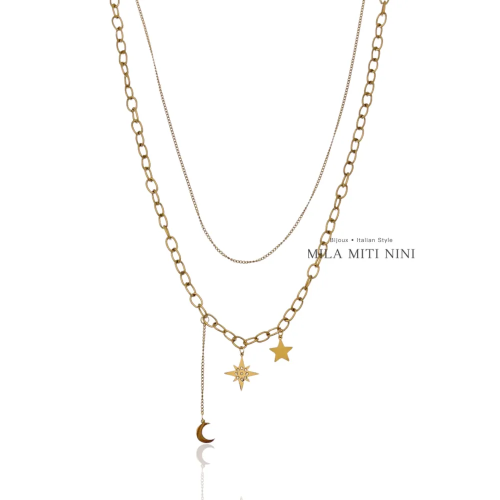 Doppio Stella Luna -Collana Corta in Acciaio - CAC-413-1842