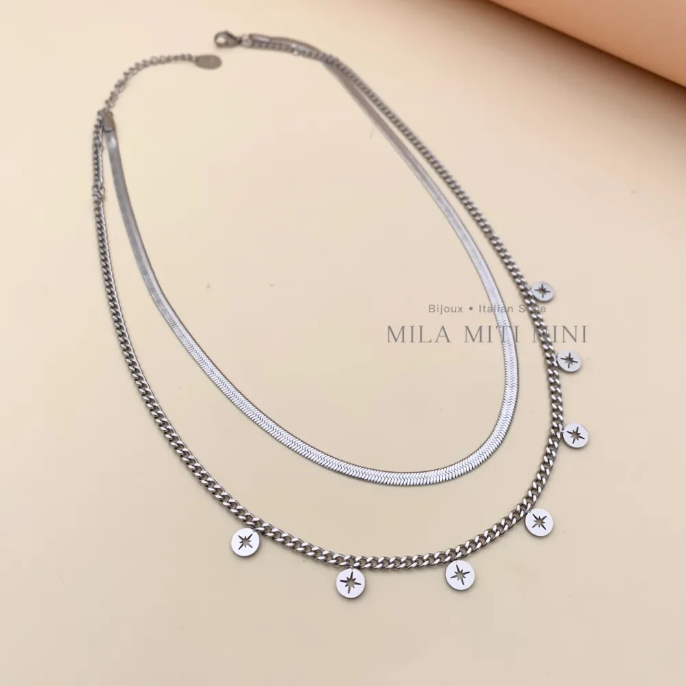 Doppio con Croce Stella-Collana Corta in Acciaio - CAC413-1907