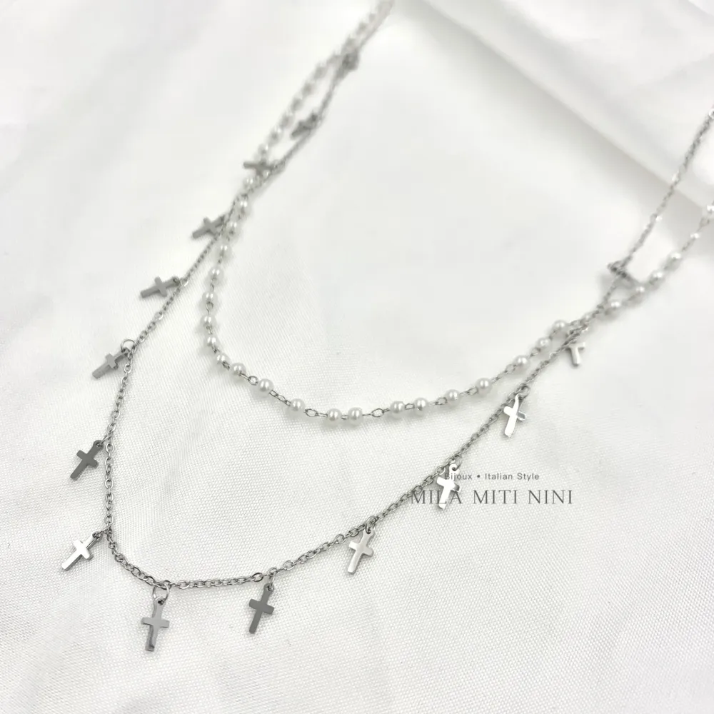Doppio Perla con Croce-Collana Corta in Acciaio - CAC-413-2041