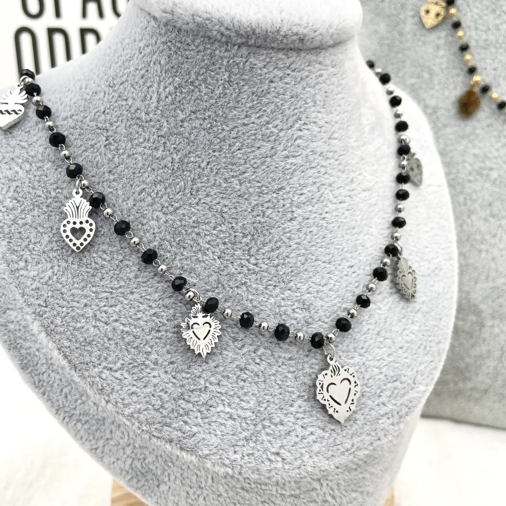 Cristalli Neri con Sacro Cuore -Collana Corta in Acciaio - CAC-413-2099