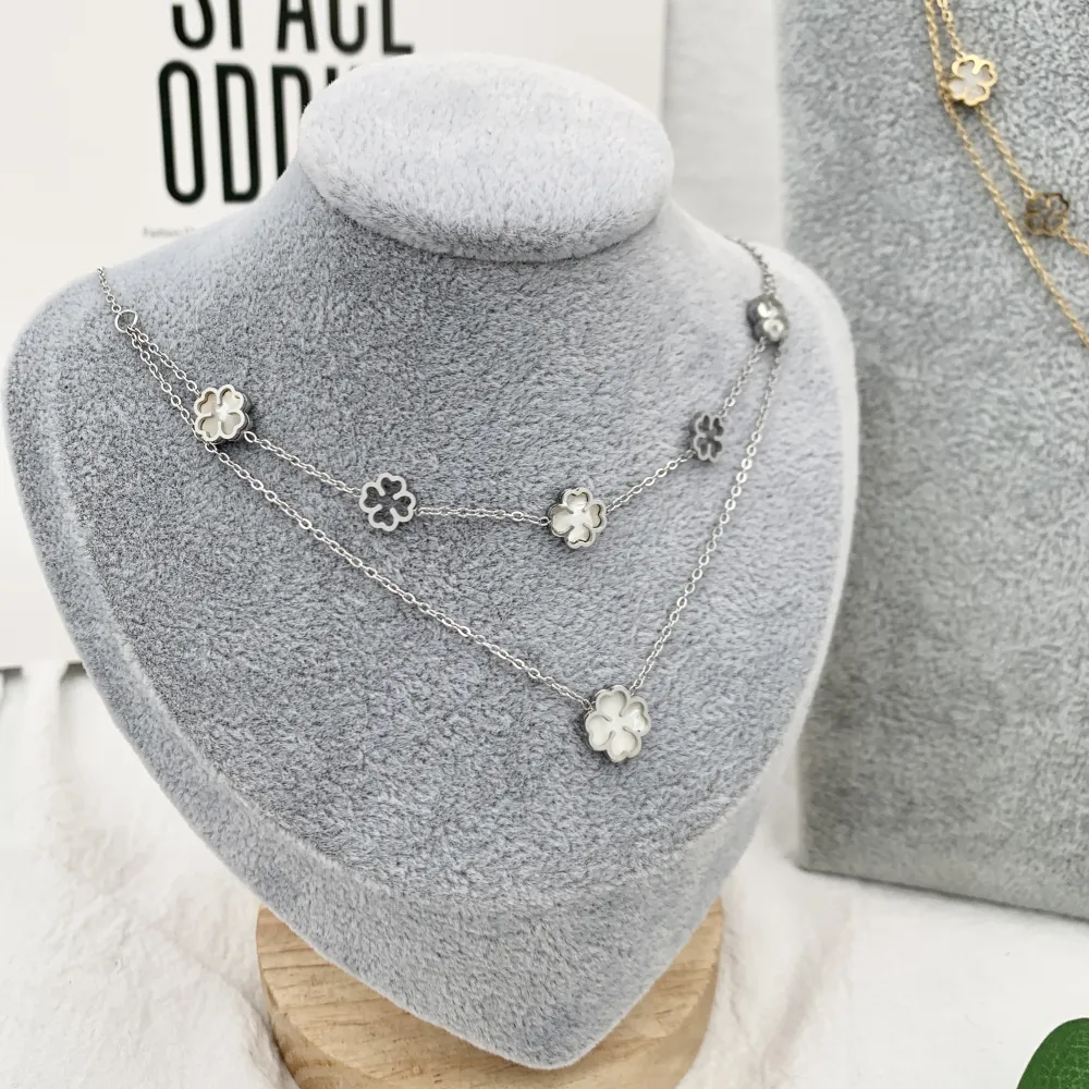 Doppio Catena con Quadrifoglio -Collana Corta in Acciaio - CAC-413-2165