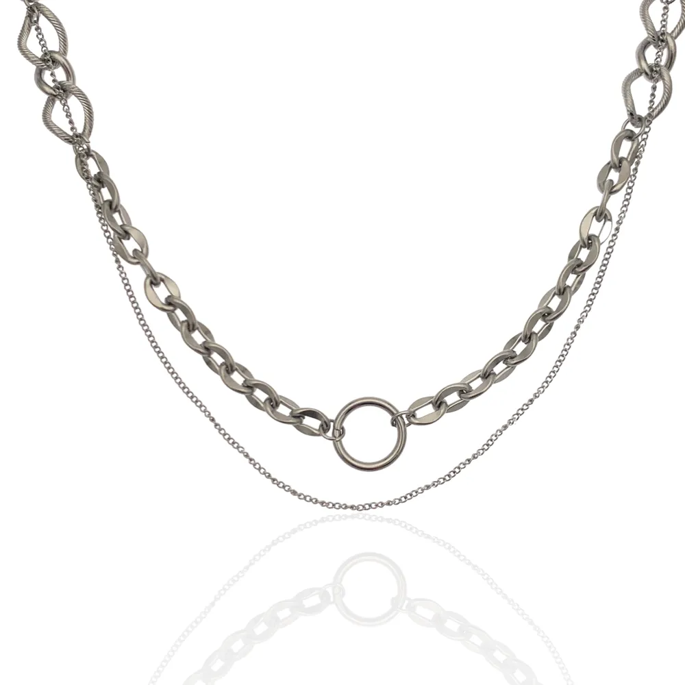 Doppio Catena con Cerchio-Collana Corta in Acciaio - CAC-413-2182