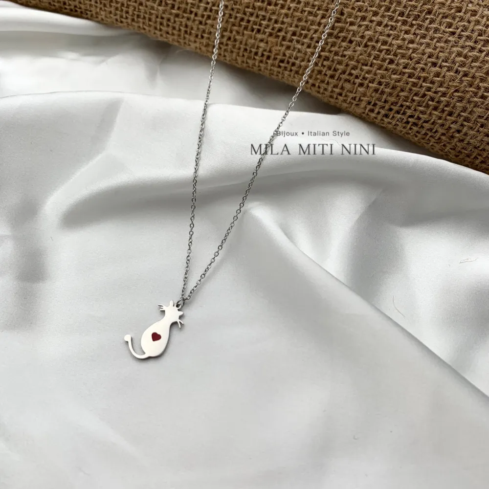 Gatto Smaltato-Collana Corta in Acciaio - CAC-413-2184