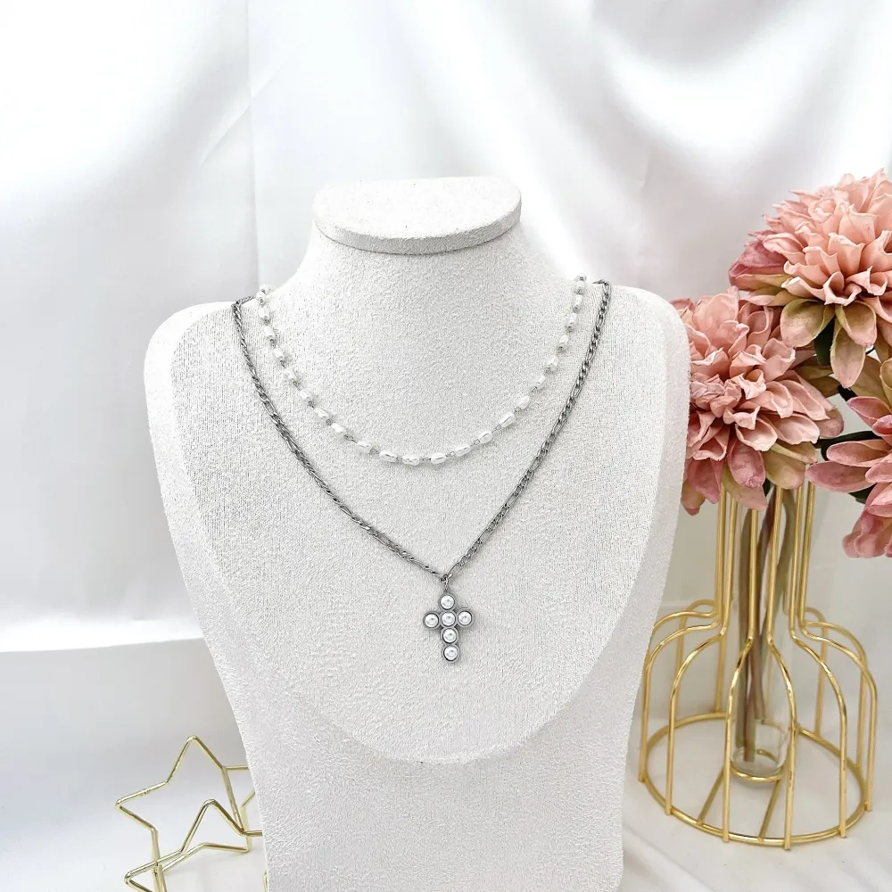 Doppio con Croce-Collana Corta in Acciaio - CAC-413-2298