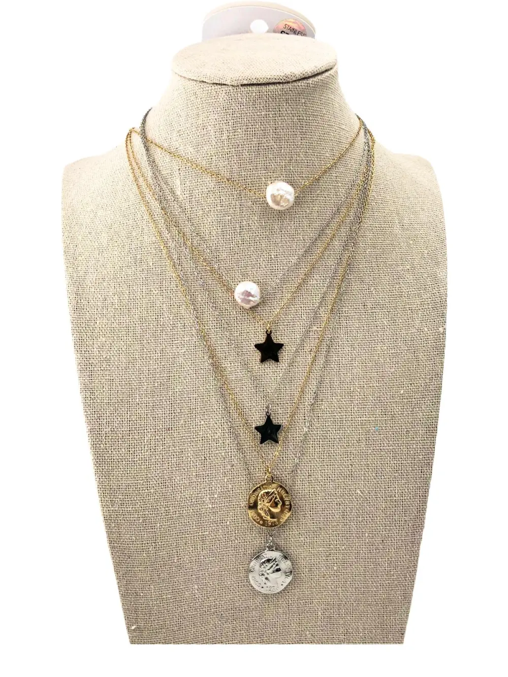 Multifilo collana acciaio - CAC4237-Perla stella medaglia- Collana multifilio in Acciaio