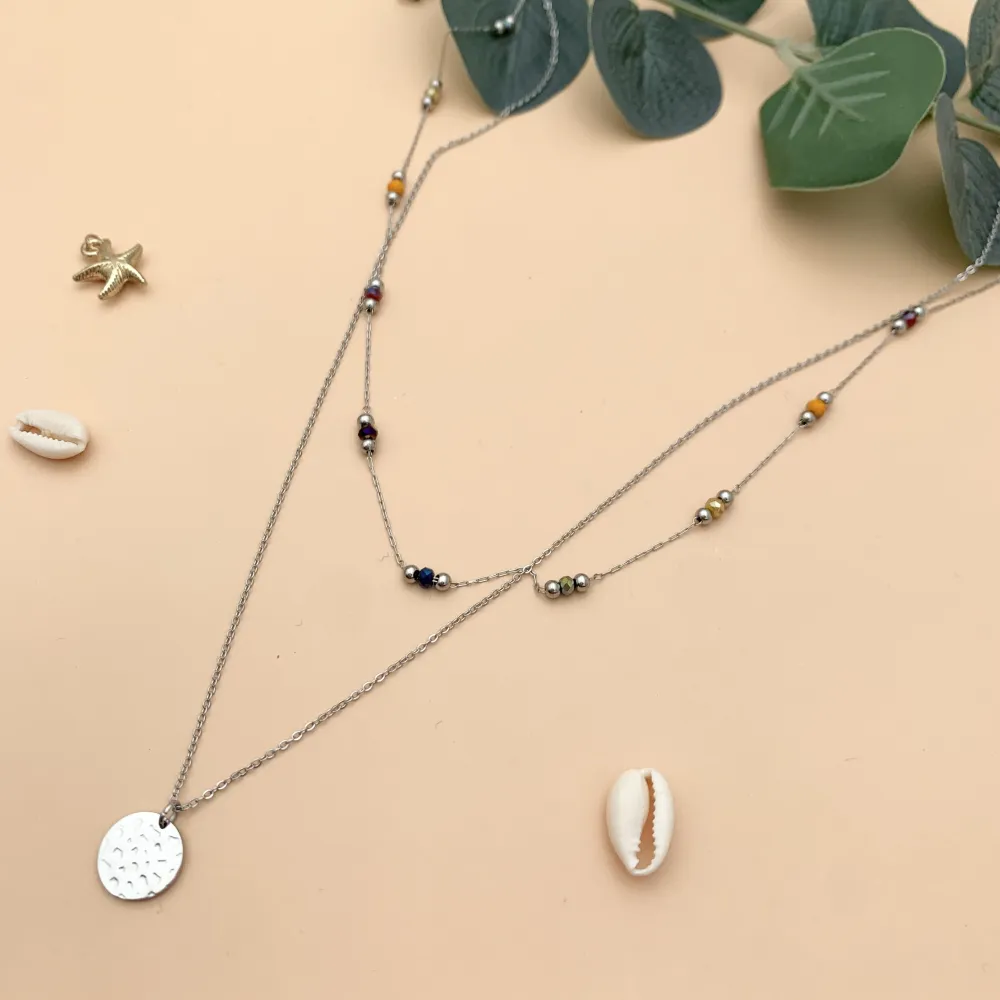 Multifilo collana acciaio - CAC4458-Catena Pietra e Medaglia-Collana Corta in Acciai