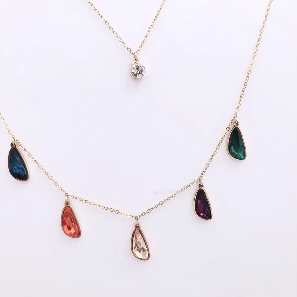 Collana moda multifilo  acciaio e cristallo - CAC5084-Goccia e punto lunce doppio filo - Collana Acciaio