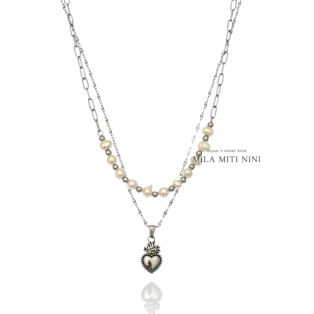 Doppio con Perla e Sacro Cuore -Collana Corta in Acciaio - CAC-600-B221