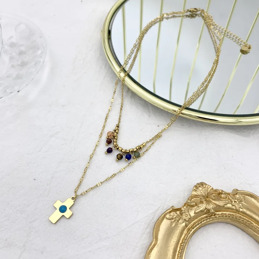 Doppio Catena con Croce-Collana Corta in Acciaio - CAC-732-26