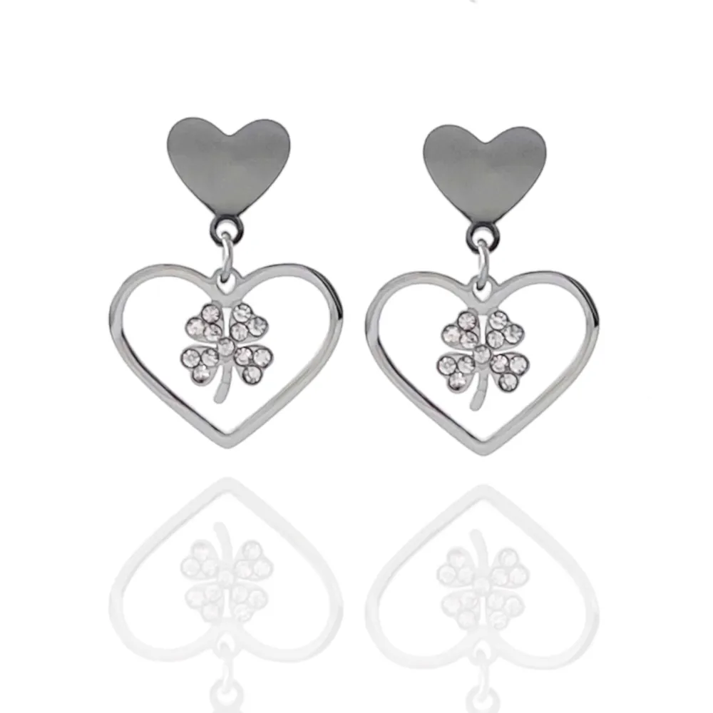 Cuore con Quadrifoglio-Orecchini Pendenti in Acciaio - OAP-103-AA1086E